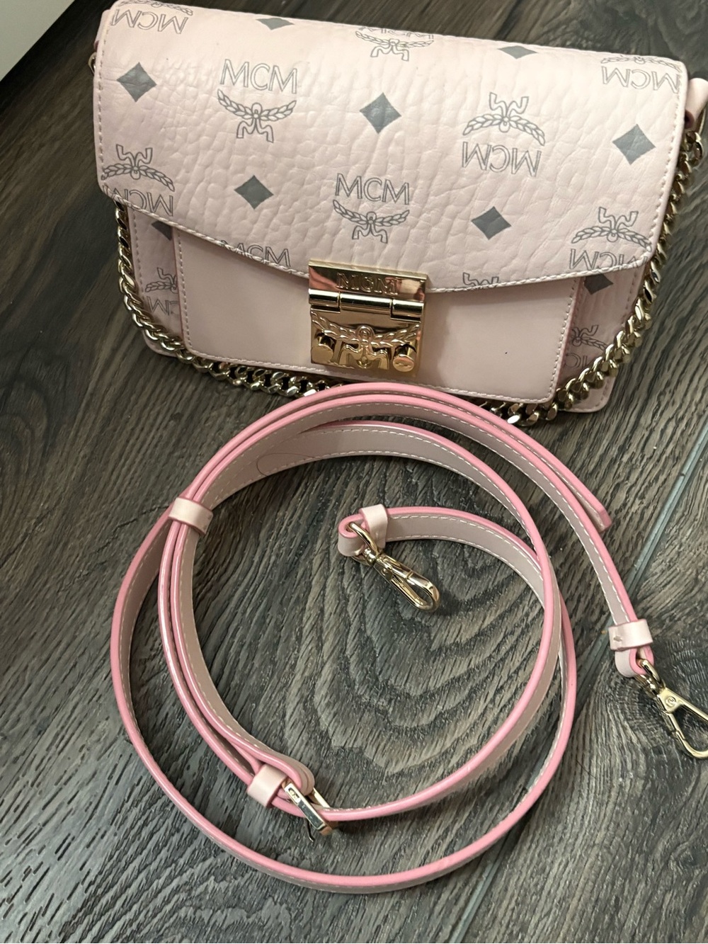 MCM Light Pink Visetos Crossbody Bag with Gold Hardware